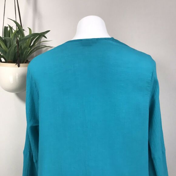 Tianello‎ Turquoise Yuriko Blouse Crinkle Open or Knot Front Cardigan Top Size S - Picture 7 of 10